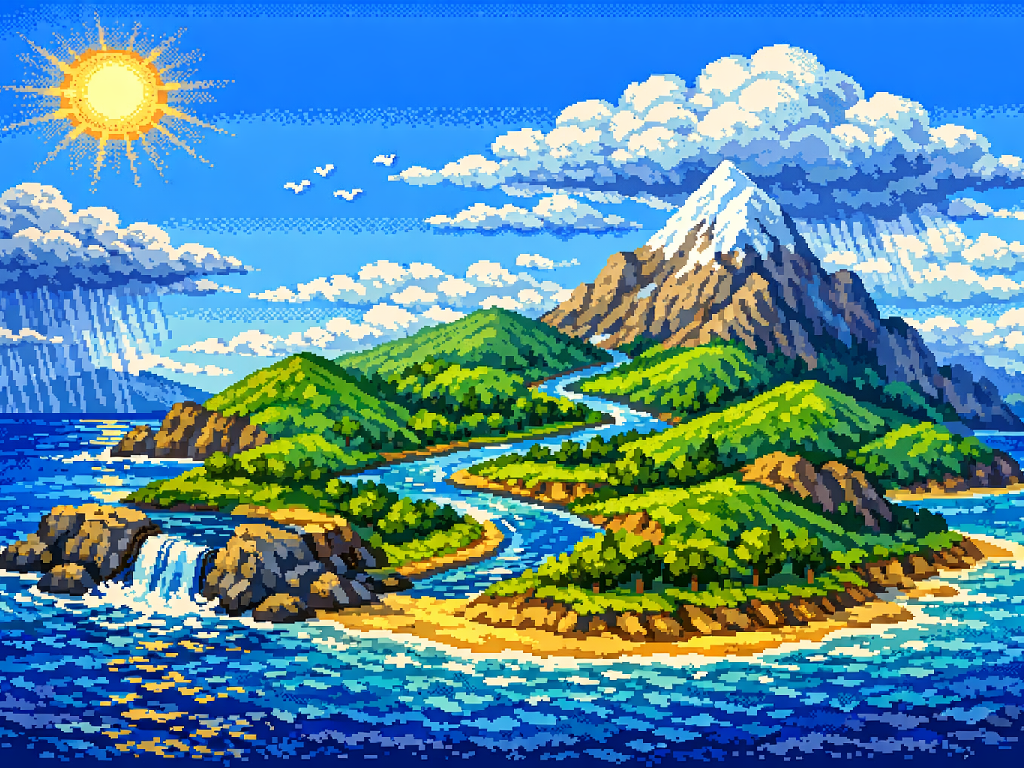 Paisaje del ciclo del agua en estilo SCUMM Adventure